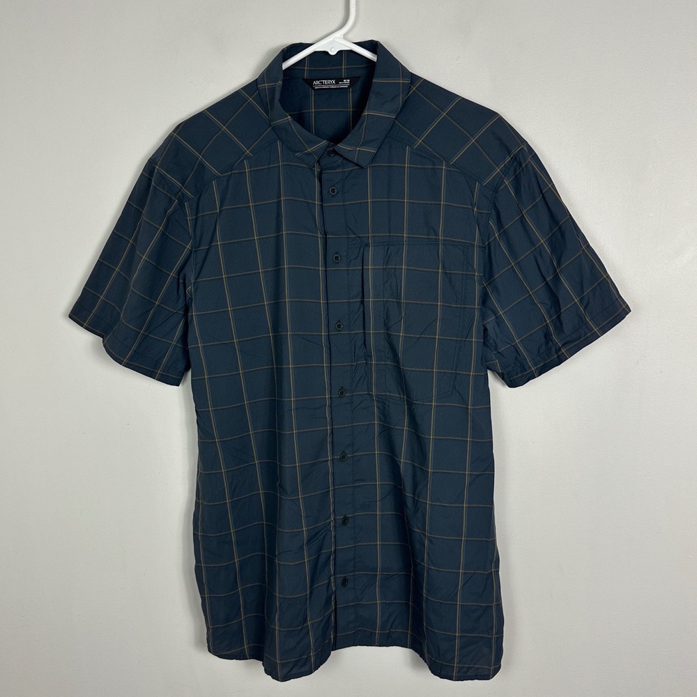 Arc'teryx Mens Shirt Medium Riel Short Sleeve Astrophere Blue Plaid Hiking Top
